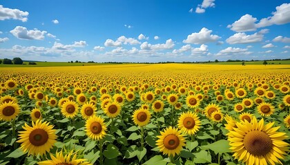 Sunflowers: Serene Summer Field, Vibrant Yellow Blooms Under Blue Sky