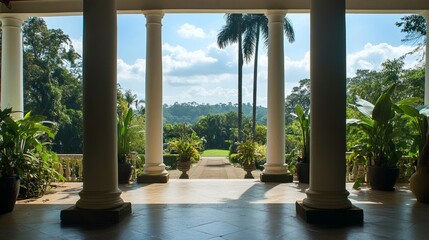 Grand entrance of an elegant residence with lush surroundings, conveying timeless luxury and serene beauty.
