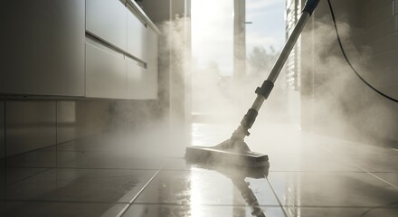 Steaming Tile Floor: Hygienic Cleaning with Vapor in a Modern Kitchen.