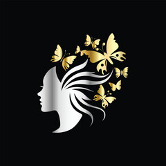 Beauty woman face with butterflies. Vector illustration for beauty salon, spa, cosmetics, fashion, beauty boutique. Beautiful girl face with butterfly. Luxury beauty salon logo.