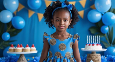African girl on blue theme birthday party decor background young kid child portrait design template banner with copy space