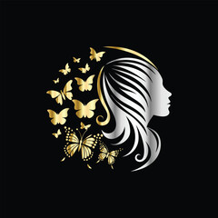 Beauty woman face with butterflies. Vector illustration for beauty salon, spa, cosmetics, fashion, beauty boutique. Beautiful girl face with butterfly. Luxury beauty salon logo.