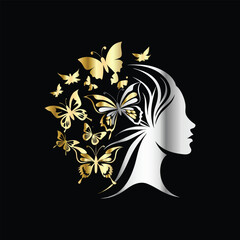 Beauty woman face with butterflies. Vector illustration for beauty salon, spa, cosmetics, fashion, beauty boutique. Beautiful girl face with butterfly. Luxury beauty salon logo.