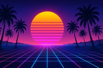 Naklejka premium neon grid landscape with palm trees and a glowing sun on the horizon