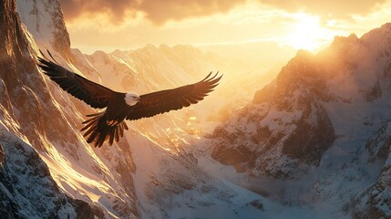 Majestic golden eagle soars above snow-capped peaks at the golden hour, wings fully extended in flight against a dramatic sunset sky.