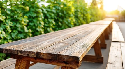 Fototapeta premium A rustic wooden table set outdoors, surrounded by lush greenery, illuminated by warm sunlight, creating a serene and inviting atmosphere.