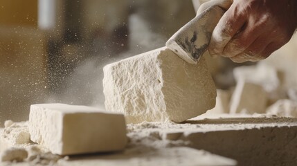Stone mason shaping decorative limestone blocks for a heritage building. Featuring craftsmanship and precision