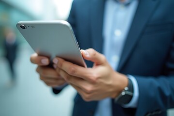 A Person Is Holding A Smartphone And Wearing A Watch And A Business Outfit, Mobile Technology, Modern Communication, Professional Business, And Internet Usage