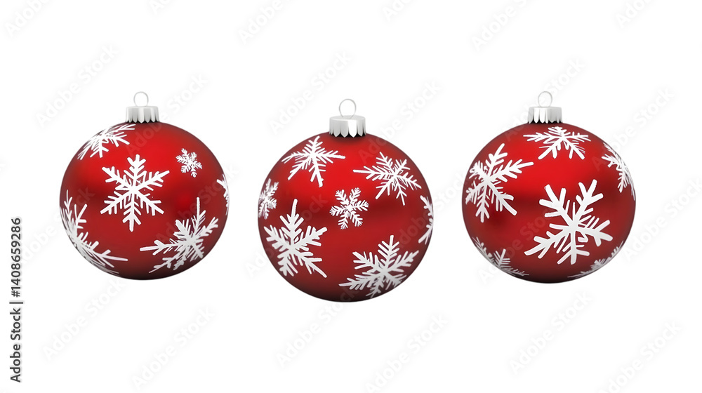 Poster illustration of three red christmas ornaments with snowflake patterns and transparent background
