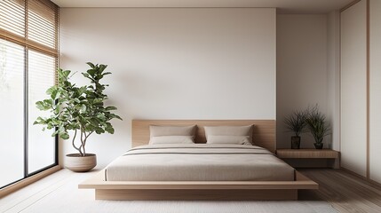 Fototapeta premium Modern cozy japandi bedroom design with natural elements in minimalist style bright and inviting atmosphere