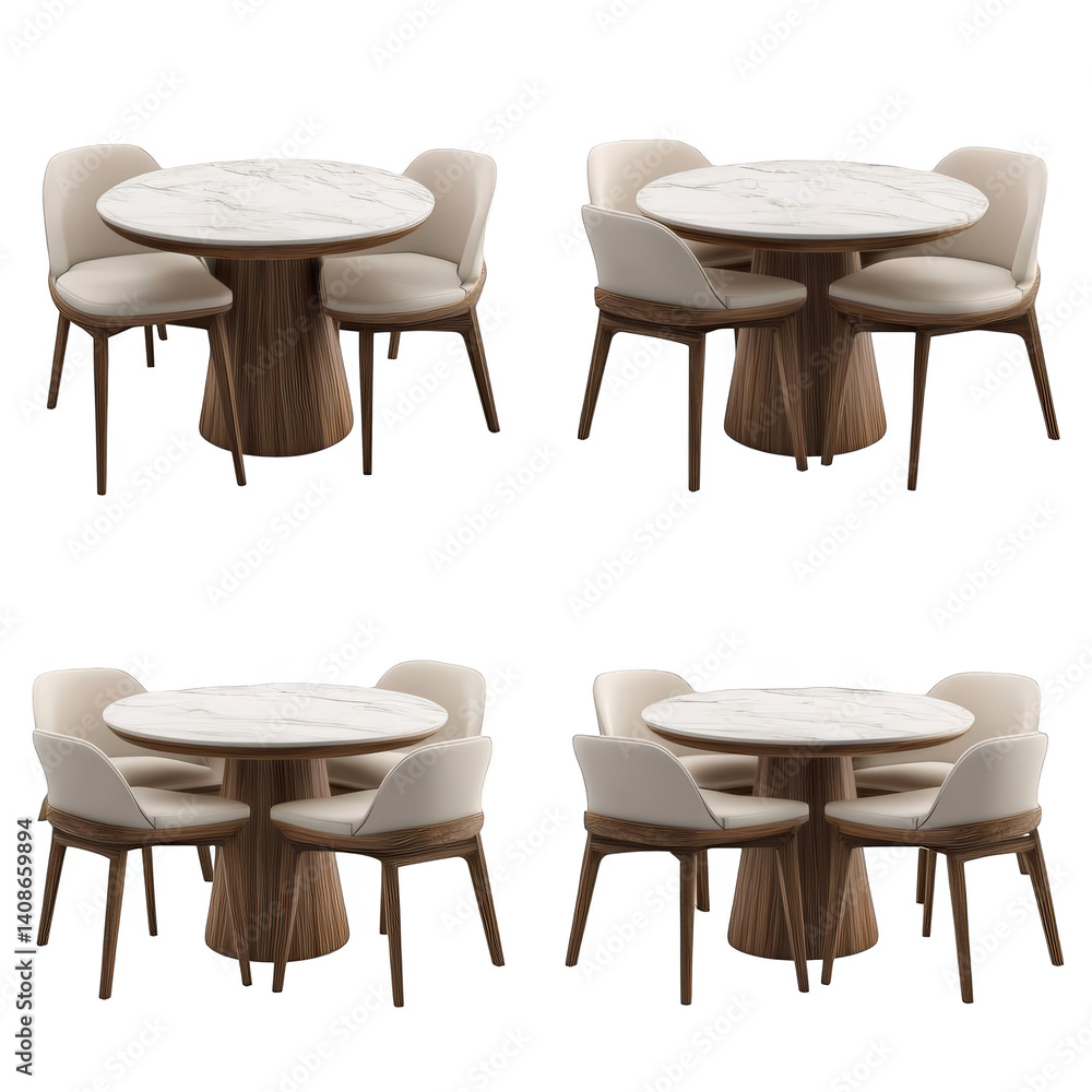 Poster isolated 3d render of a dining set with a round table and chairs
