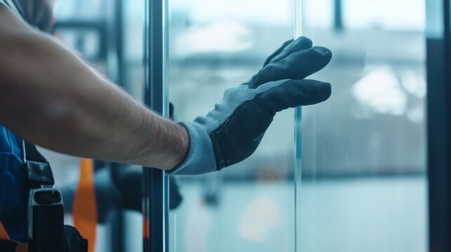 Window installer fitting a large glass panel in a modern office building. Featuring precision and structural assembly