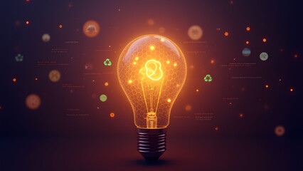 Amber hexagonal lightbulb with smart grid and community icons at twilight. Rising CO2 graph filament merges nature with digital.