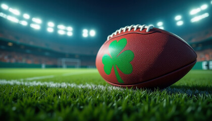 Football with a green shamrock on the surface, shown in a dramatic stadium setting. Combines athletic energy with Irish symbolism.