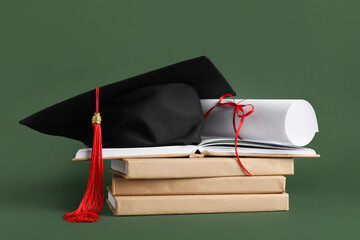 Graduation hat, books and diploma on green background