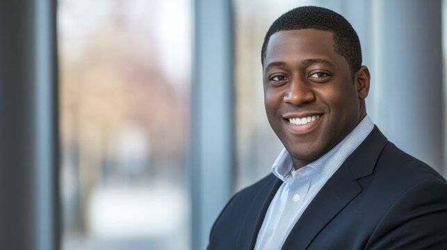 Confident businessman in formal wear with a warm smile, embodying professionalism and success

