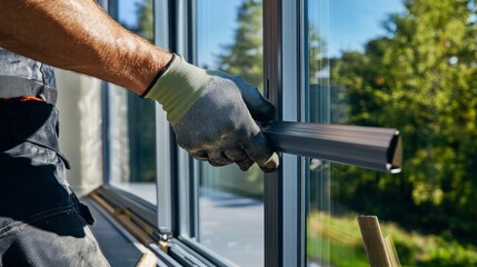 Window installer securing a sliding glass door at a contemporary home construction site. Featuring precision and efficiency