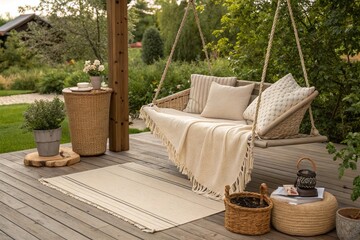 A beige string swing with a pillow on a patio. Wicker baskets, a rug and a blanket on a wooden deck in the garden - generated by ai