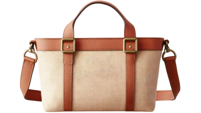 Isolated Brown Leather Handbag with Woven Beige Texture against Transparent Background Photo