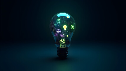 Black lightbulb with UV sustainability icons in galaxy nebula. Endangered species constellations and energy wave base show cosmic urgency.