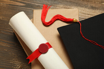 Graduation hat, books and diploma on wooden background, closeup