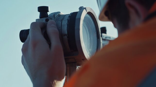 Surveying engineer using a total station to measure land elevations. Featuring accuracy and geospatial analysis