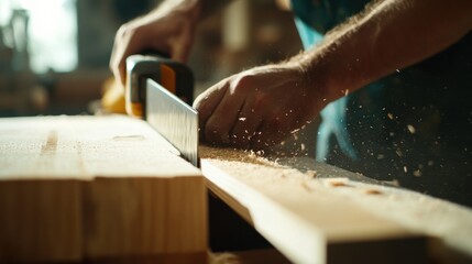 Carpenter cutting wood for custom furniture. Featuring craftsmanship and attention to detail