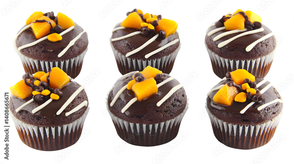 Poster isolated cupcakes with chocolate frosting and mango topping on a transparent background