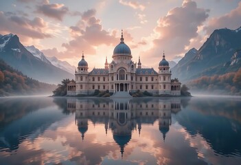 Obraz premium Grand Lake Palace: Serene Sunrise Reflection
