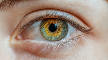 Obraz premium Close-up of a captivating human eye, showcasing intricate details of iris, pupil, and eyelashes. A mesmerizing blend of gold and green hues creates an enchanting visual experience.