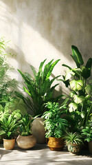 Serene Indoor Oasis: Lush Greenery in a Harmonious Indoor Setting with Diverse Potted Plants and Natural Light