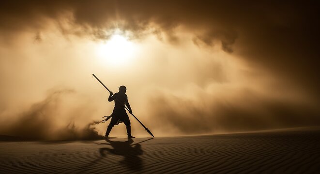 A lone desert warrior standing against an oncoming sandstorm, gripping his spear as the sand whirls around him, his silhouette dark against the bright, swirling chaos of the storm