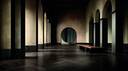 Arched hallway with wood floor and bench, natural light and shadows create a tranquil, classic interior design