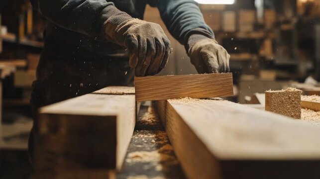 Carpenter sanding wooden beams in a workshop. Featuring craftsmanship and patience