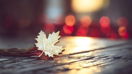 Glowing maple leaf pendant on rustic wood, warm sunlight and soft bokeh, embodying Canadian pride and serenity