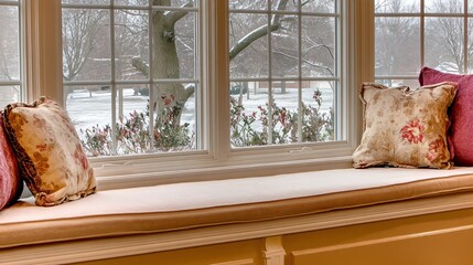 Bay window view, winter scene, soft beige seat cushion, decorative pillows, serene, peaceful indoors