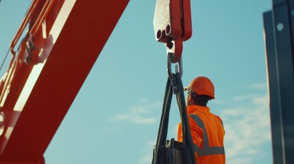 Fototapeta premium Construction worker operating a crane at a building site. Featuring precision and focus