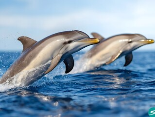Fototapeta premium A pod of playful dolphins leaping from the ocean