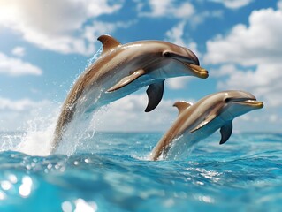Playful dolphins leaping in the ocean