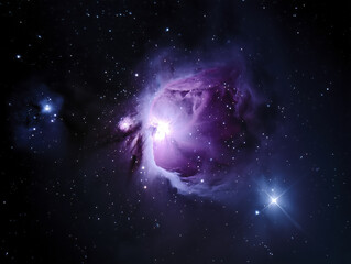 Naklejka premium Orion Nebula glowing in vibrant pink and purple hues against dark cosmic backdrop evokes sense of wonder and beauty
