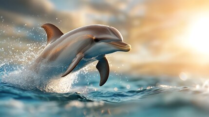 Dolphin leaping from the ocean at sunset