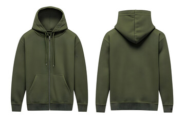 Isolated Olive Green Hoodie Front and Back View on Transparent Background