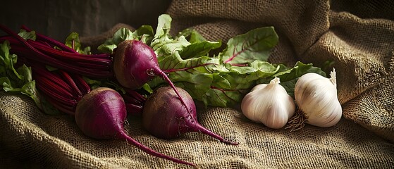 Fresh Beets and Garlic on Rustic Linen Background in Natural Light