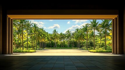 Framed tropical vista with swaying palms and architectural elements