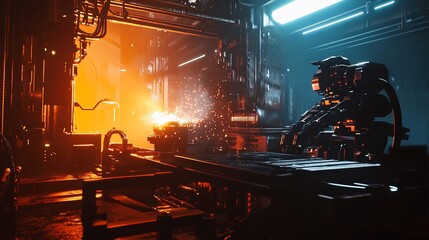 Futuristic Industrial Welding Robot Sparks in a Dark Manufacturing Plant
