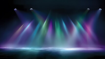 Dynamic light beams in vibrant hues, forming abstract patterns. A symphony of color and motion in darkness