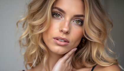 Fototapeta premium Close-up portrait of a AI generated striking blonde model. Radiates elegance, confidence, and high-fashion allure. Perfect for beauty, branding, and editorial visuals, as well as commentary on AI use.