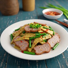 A plate of Vietnamese  thit lon xao mang (stir-fried pork with bamboo) with pork slices, bamboo shoots, and scallions, set against a black background 