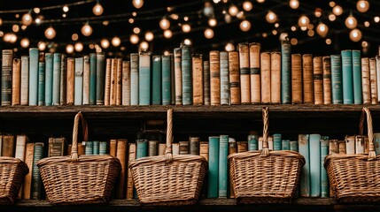 Obraz premium Books sit above woven baskets under string lights, casting a warm glow