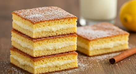 Fototapeta premium Delicious stack of custard filled French toast with powdered sugar and cinnamon